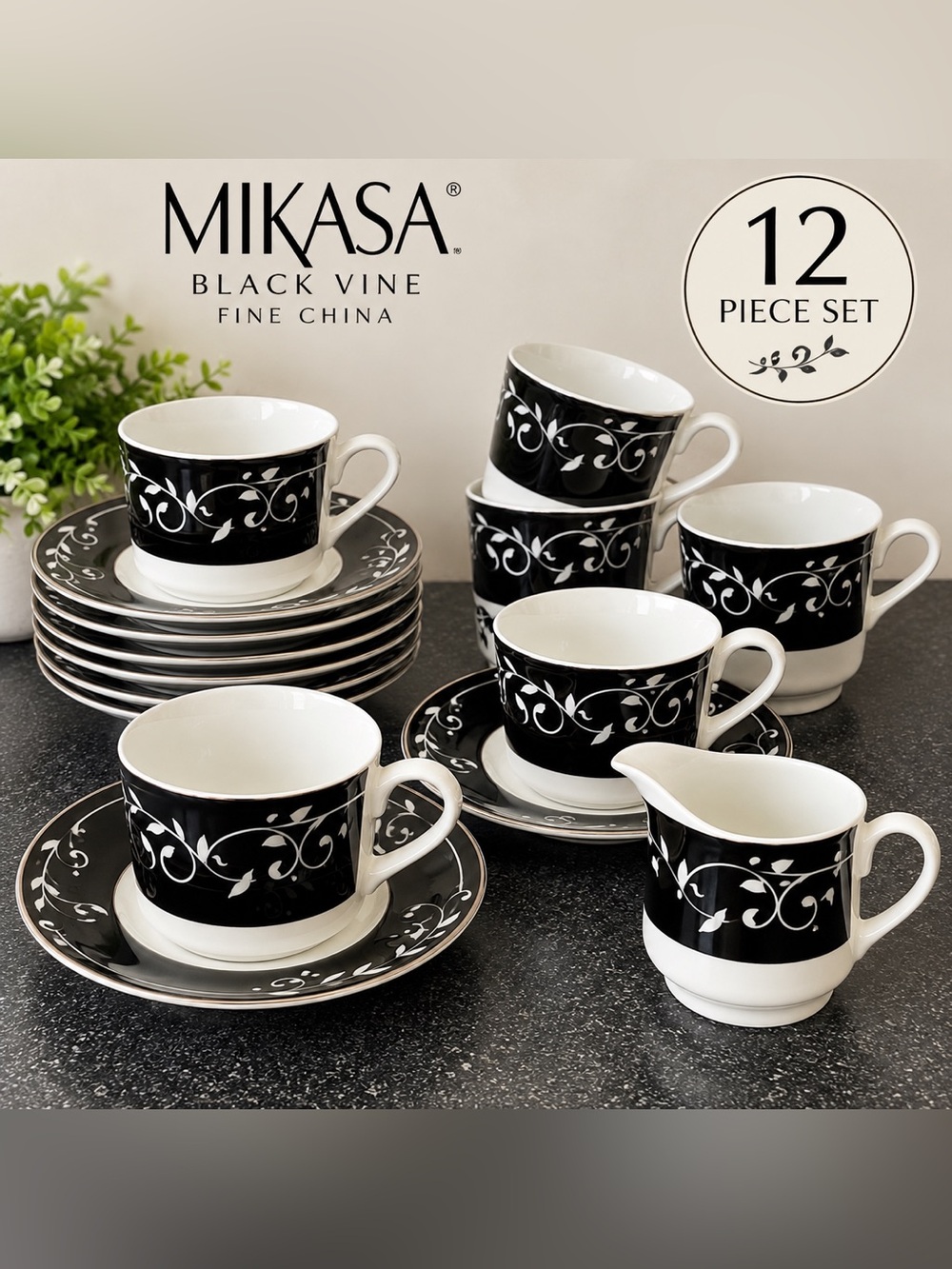 Mikasa Organdi Black Vine Fine China 12 Pc Cup & Saucer Set + Creamer